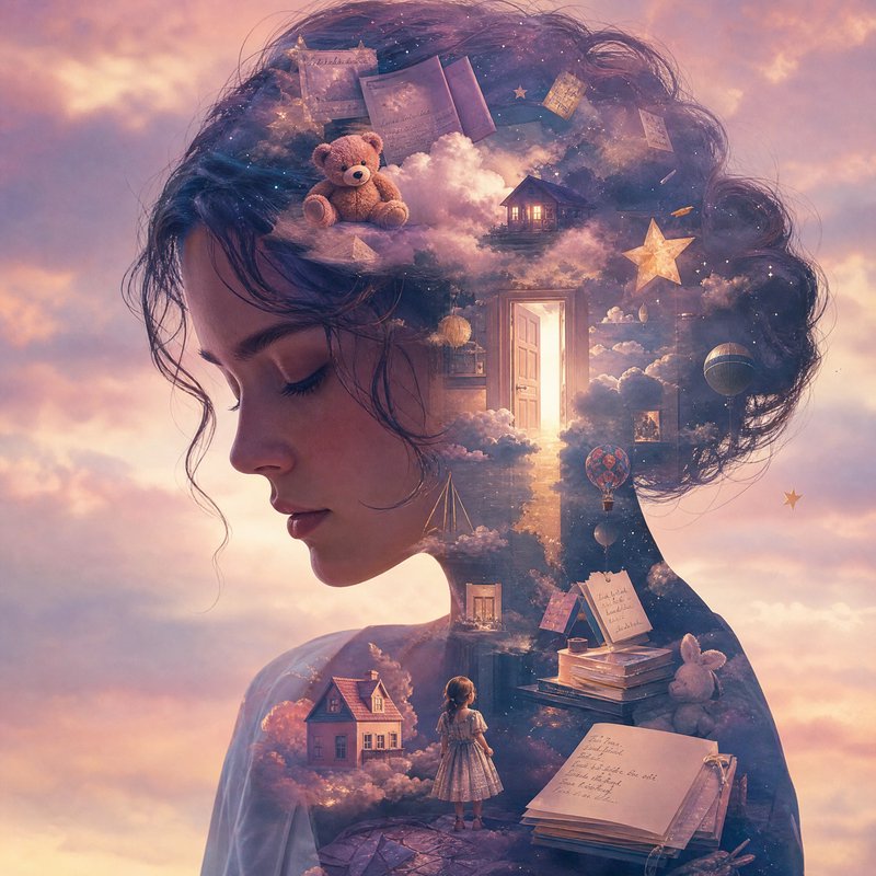 Surreal double exposure portrait of a pensive woman, her silhouette filled with childhood memorie...