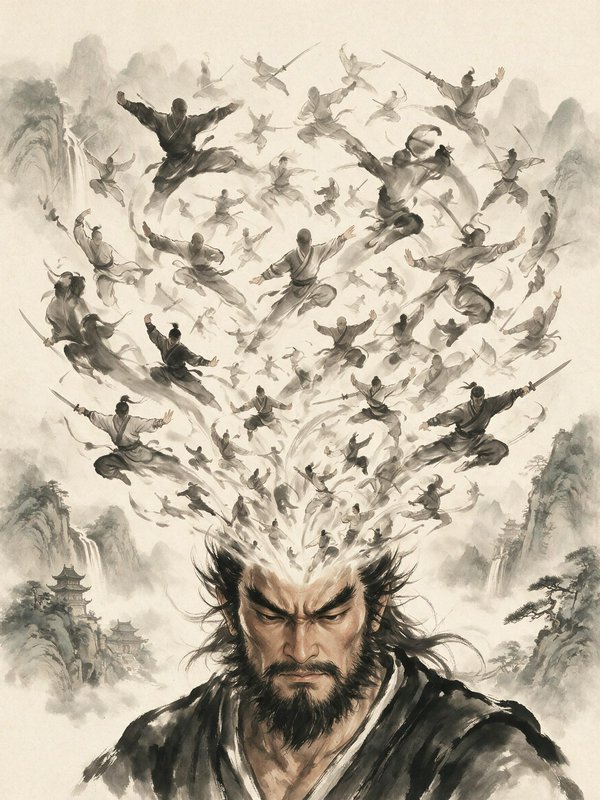 Traditional ink wash art of a stern bearded warrior, with ethereal martial artist figures emanati...