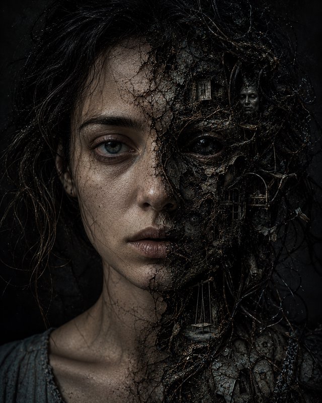 Surreal split portrait of a woman, one side human, the other fused with twisted dark roots and mi...