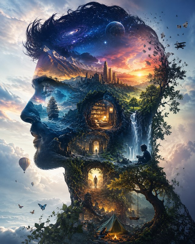 Surreal double exposure artwork of a human profile formed from a layered fantasy mindscape of spa...