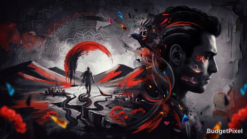 Surreal dark fantasy digital art: profile of man with cracked glowing face, wandering painter fig...