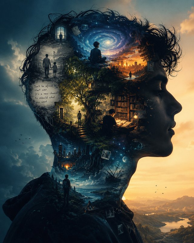 Surreal double exposure portrait of a human profile filled with an inner world of landscapes, gal...