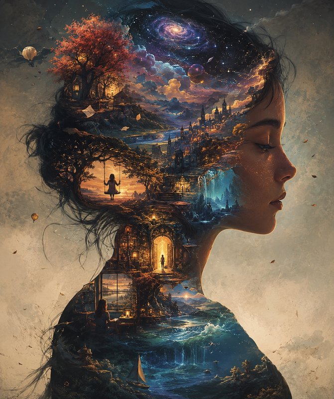 Surreal double exposure portrait of a woman filled with layered fantasy landscapes, galaxies, and...