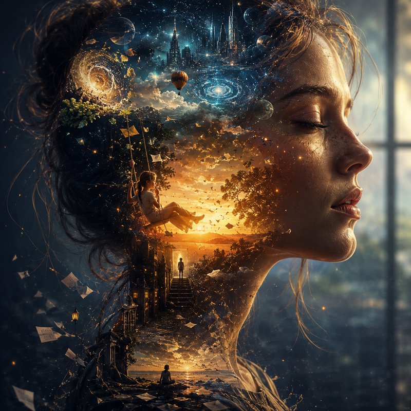 Surreal double exposure artwork of a woman's profile filled with a fantastical inner dreamscape o...