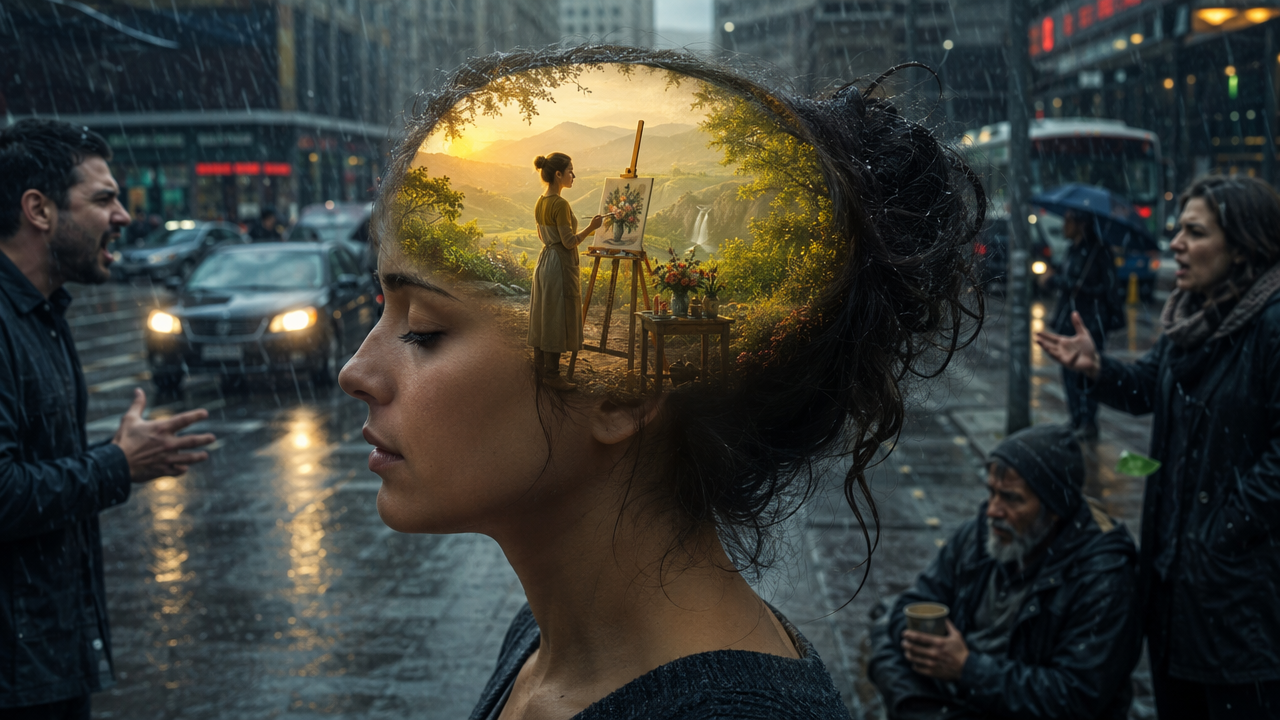 [Surreal double exposure art: woman on rainy city street, her inner mind visualized as a painter creating a sunlit country...