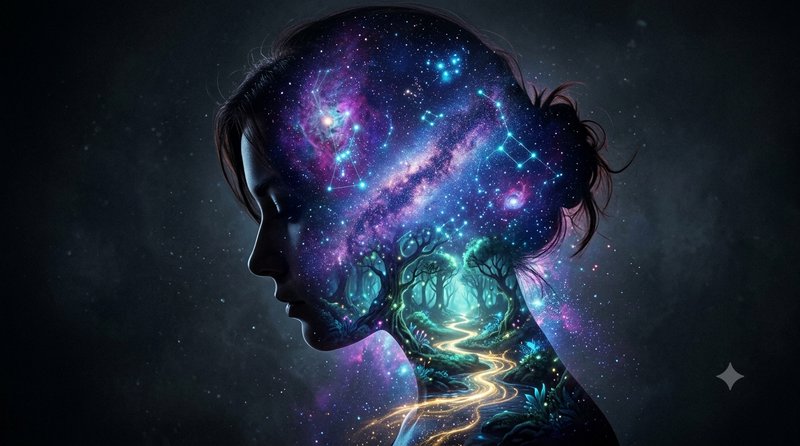 Double exposure surreal art of a woman's profile silhouette filled with swirling galaxy, constell...