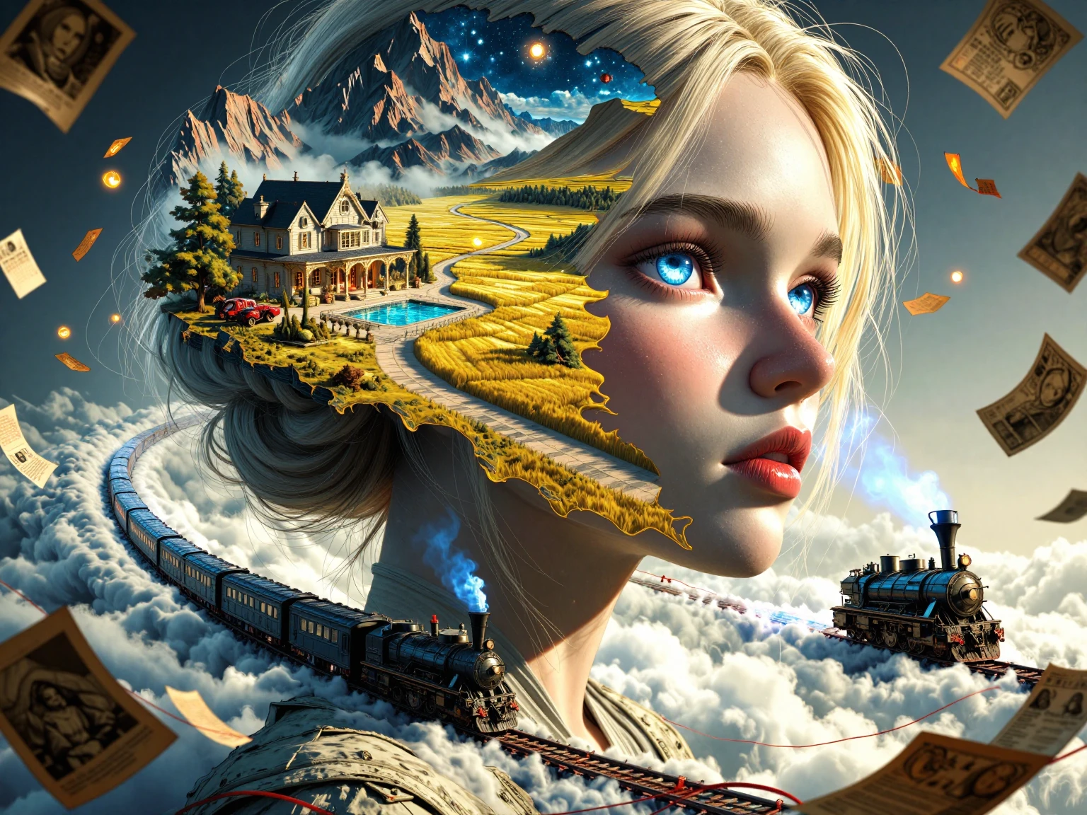 [Surreal portrait of a blonde woman with a fantasy landscape embedded in her head, steam trains traveling on tracks throug...
