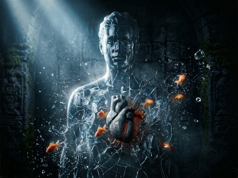 Cracked transparent glass human statue with anatomical heart, orange goldfish swimming through wa...