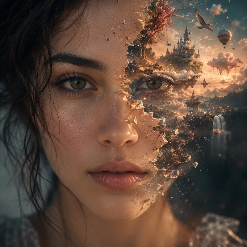 Surreal close-up portrait of a woman, with one side of her face shattering to reveal a magical fa...