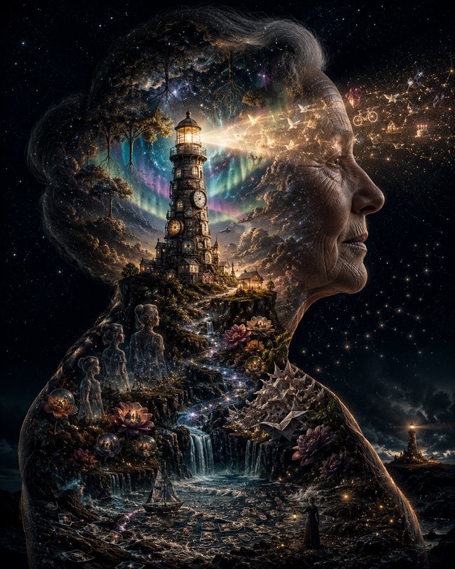 Surreal double exposure profile of an elderly woman, silhouette filled with a magical memory drea...