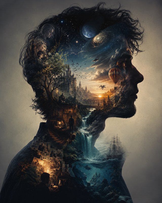 Surreal double exposure portrait of a man, silhouette filled with fantasy landscapes, cosmos, mem...