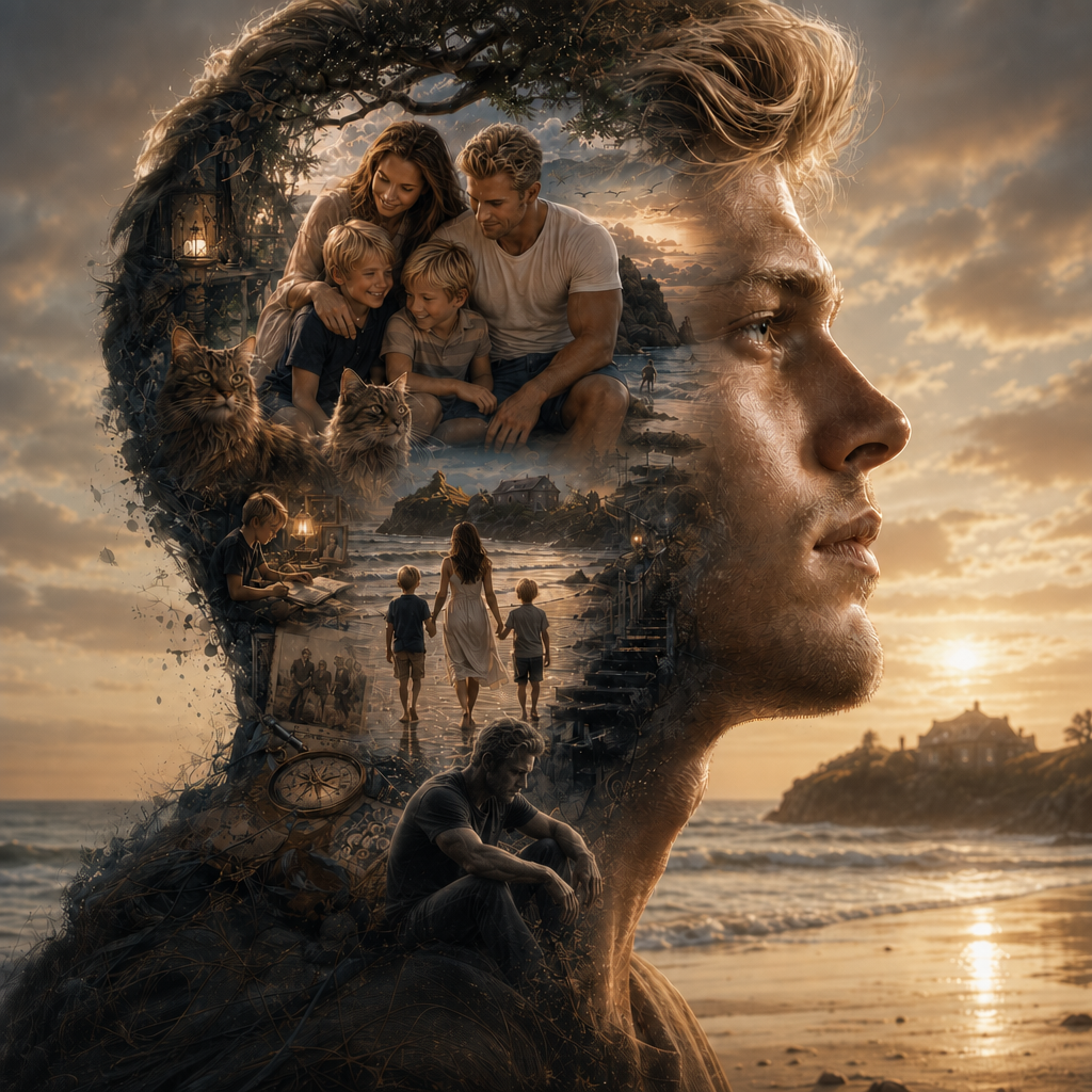 Surreal double exposure portrait of a man, layered with family memories, beach sunset, and intimate life moments inside hi...