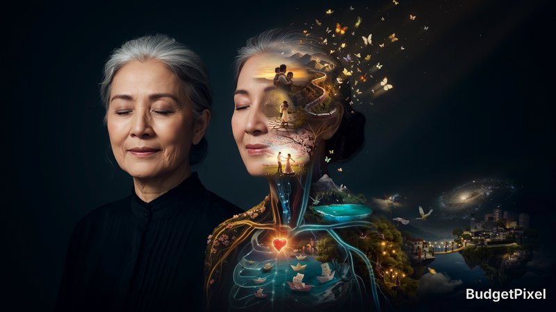 Surreal dual portrait of serene older woman, one translucent showing inner life memories, a glowi...