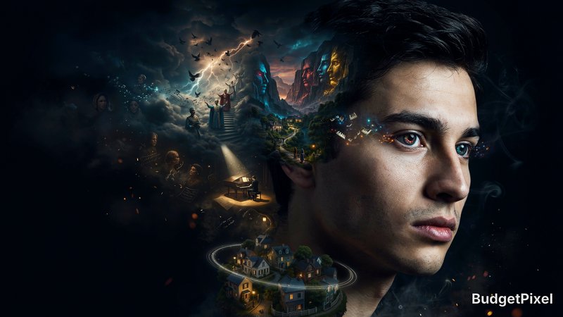 Surreal double exposure portrait of a man, with layered dreamscapes, memories and imaginary world...