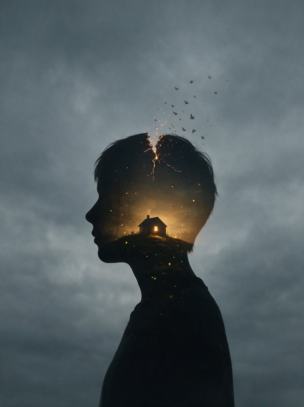 Surreal double exposure person silhouette, glowing cottage inside cracked head, birds flying out ...