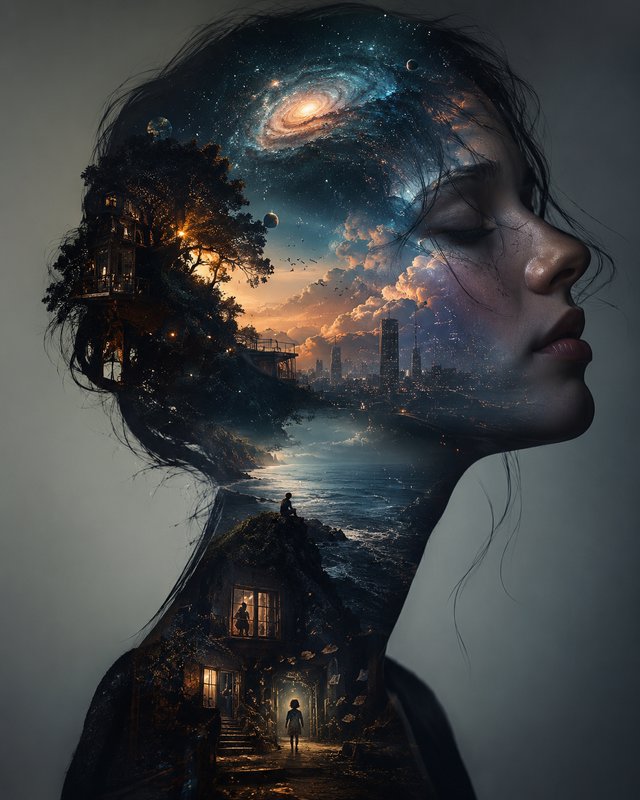 Surreal double exposure portrait of a woman, her silhouette filled with layered cosmic, landscape...