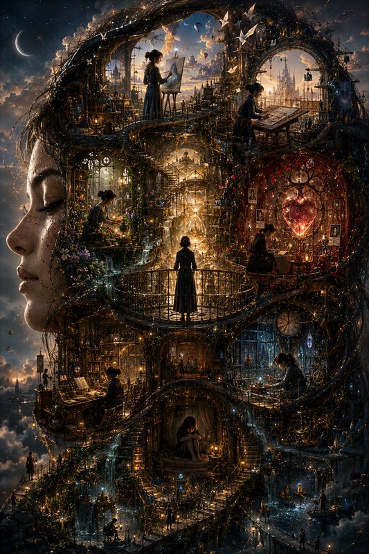 Surreal composite art of a woman's profile formed by an intricate glowing tiered fantasy city of ...