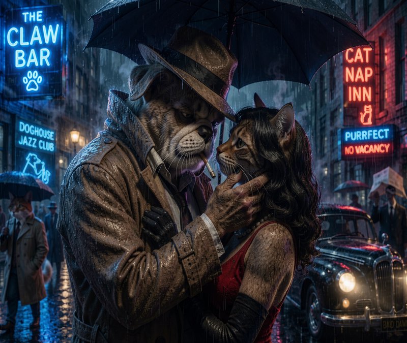 Anthropomorphic bulldog detective embraces a glamorous tabby cat partner under an umbrella on a r...