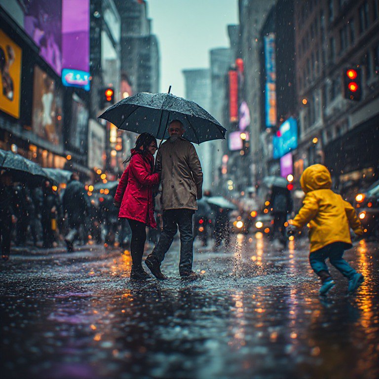 Couple sharing a black umbrella on a rainy downtown street, child in a yellow raincoat splashing ...