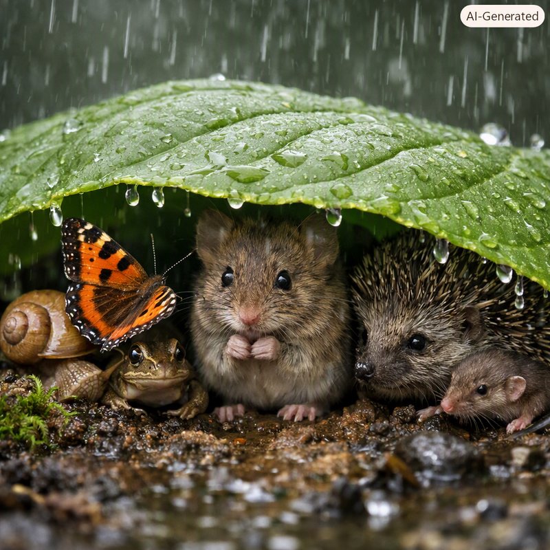 Group of tiny woodland creatures shelter together under a rain-soaked large green leaf during fal...