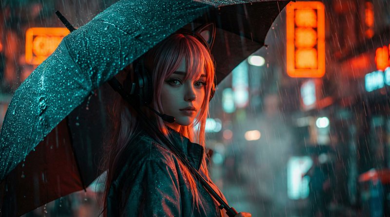 Pink-haired girl with cat ear headphones holds a rain-covered umbrella on a neon-lit cyberpunk ci...
