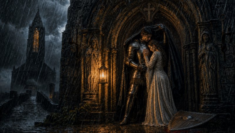 Armored medieval knight shelters a woman under his cloak in a rainy gothic church doorway during ...