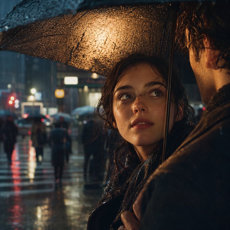 Intimate close-up of couple sharing a rain-dusted umbrella on a wet city crosswalk during a rainy...