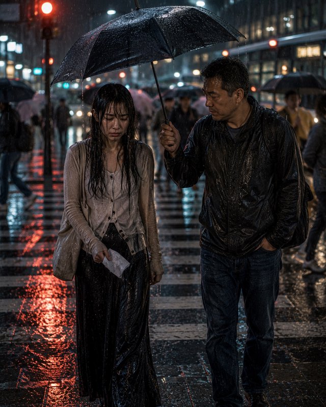 Man holds a rain-soaked umbrella over a distressed soaked woman crossing a rainy city crosswalk a...