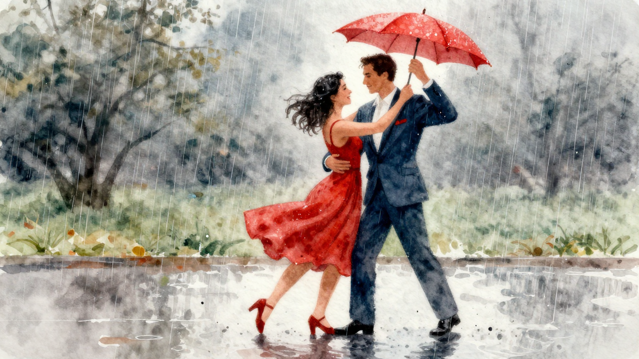 Watercolor illustration of a romantic couple dancing together in a rainy park under a shared bright red umbrella