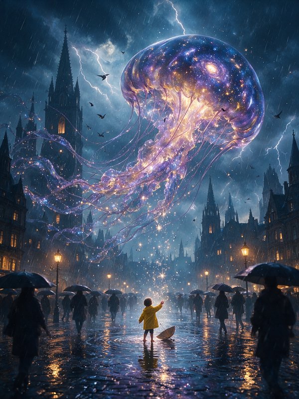 Barefoot child in yellow raincoat reaches for glowing cosmic jellyfish floating over rainy gothic...