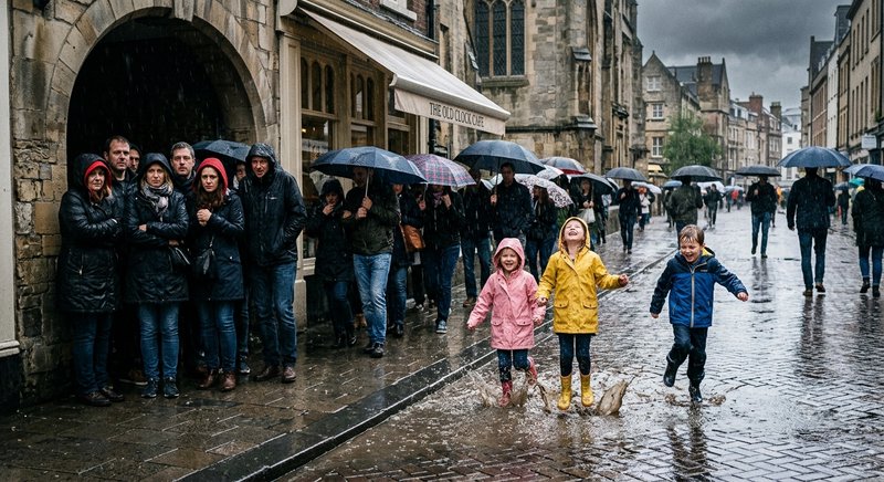 Three happy children splash in rain puddles as somber umbrella-carrying crowds line a historic co...