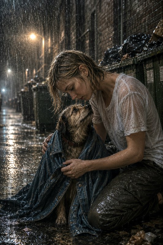 Woman kneels in rainy dark urban alley wrapping a wet stray dog in her denim jacket during heavy nighttime rain