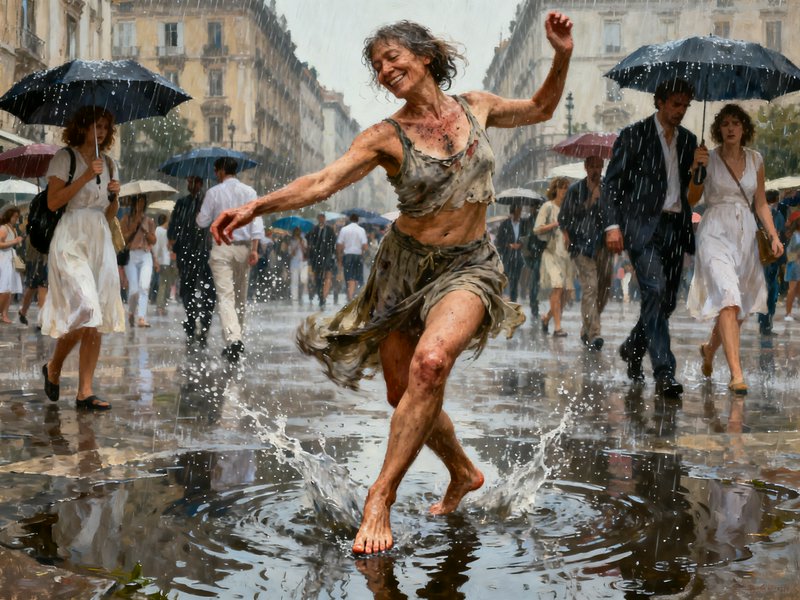 Joyful barefoot woman dances through rain puddles on a busy historic city street, as umbrella-car...