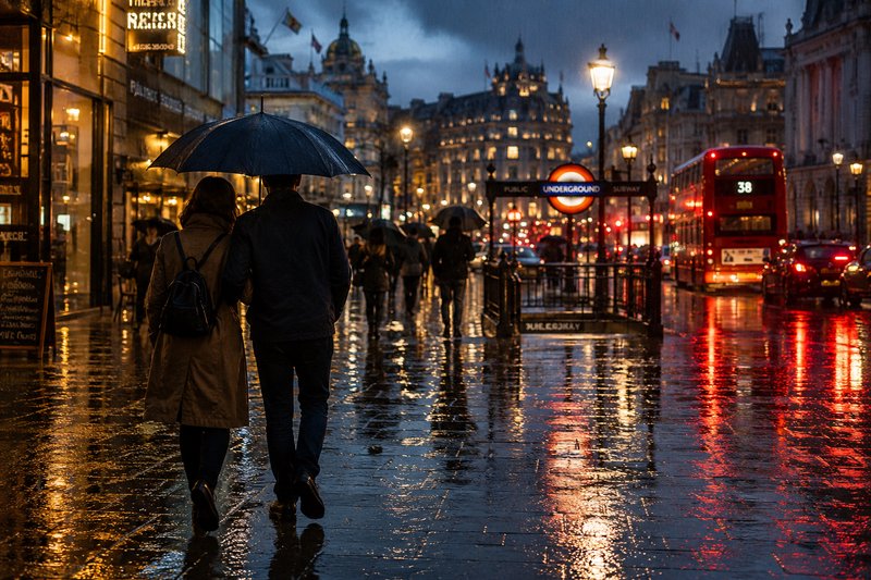 Couple sharing an umbrella walk along a rain-soaked central London street at dusk, near a London ...