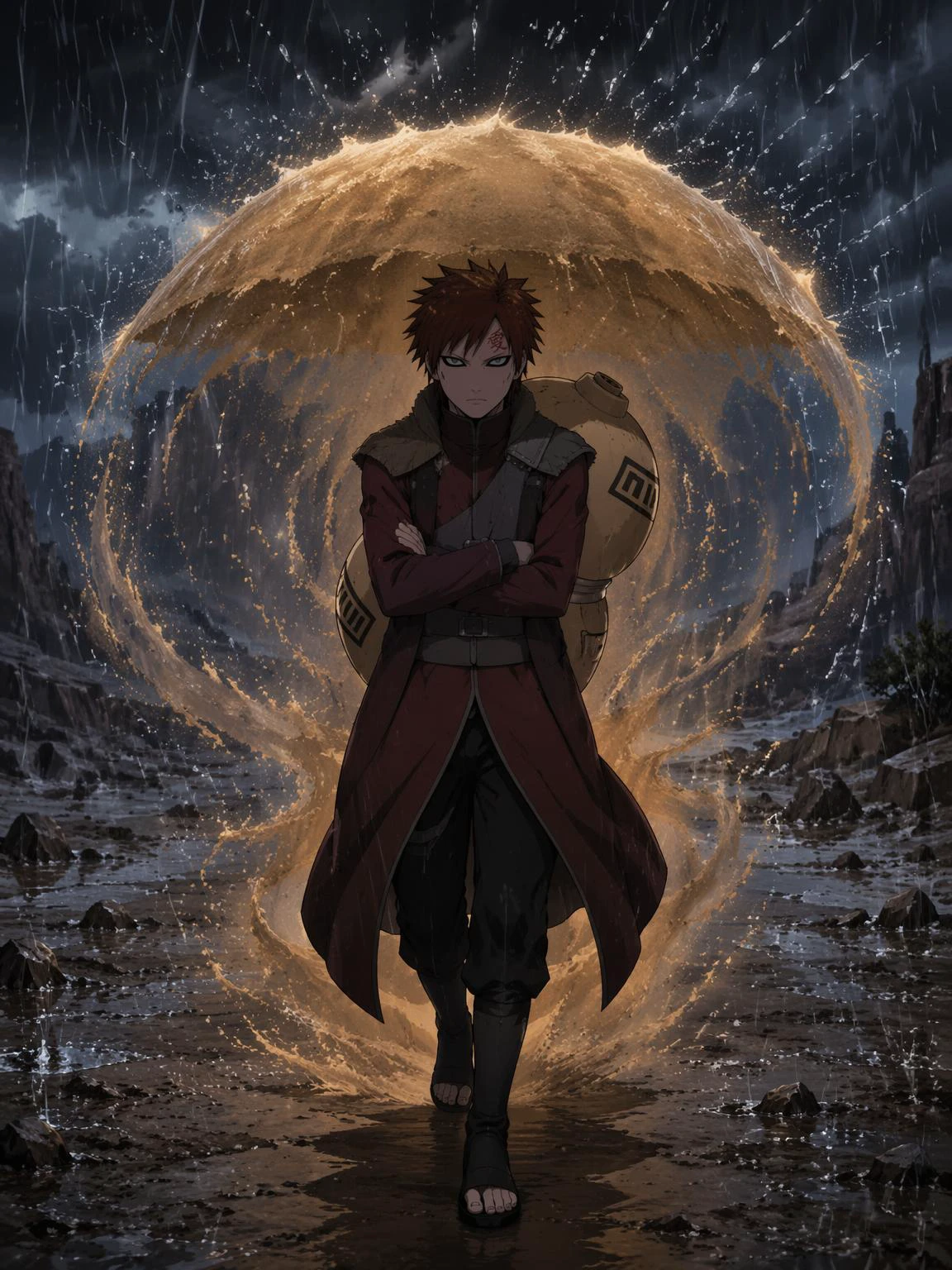 Fan art of Naruto's Gaara standing with crossed arms, protected by a glowing golden sand shield in a rainy rocky storm can...