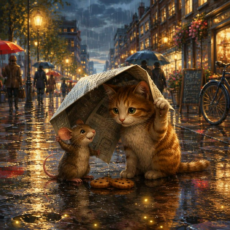 Orange tabby cat and mouse hold a newspaper umbrella to shelter cookies on a glowing rainy city s...