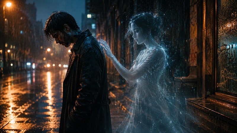 [Somber grieving man on rainy night city street, translucent ghost woman reaches to touch his shoulder in quiet comfort]