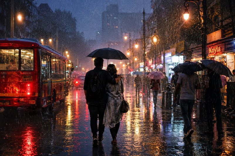 Couple sharing a black umbrella walks down a rain-soaked downtown Mumbai street during monsoon ra...