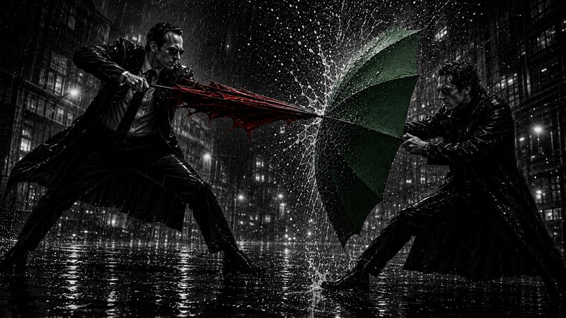 Two men in wet trench coats duel with clashing red and green umbrellas on a rain-soaked night city street, water
