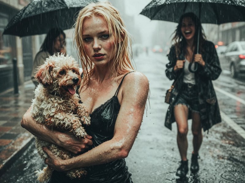 Wet blonde woman holding a small fluffy dog stands on a rainy city street, other women with umbrellas in the misty backgro...