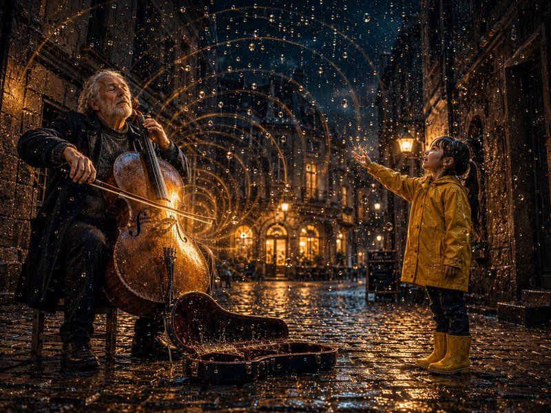 Elderly street cellist plays for young girl in yellow raincoat, glowing golden music swirls above...