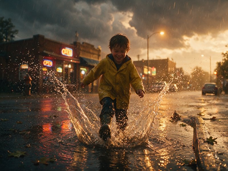 Smiling young boy in a yellow raincoat splashes joyfully in a street puddle during a rainy golden...