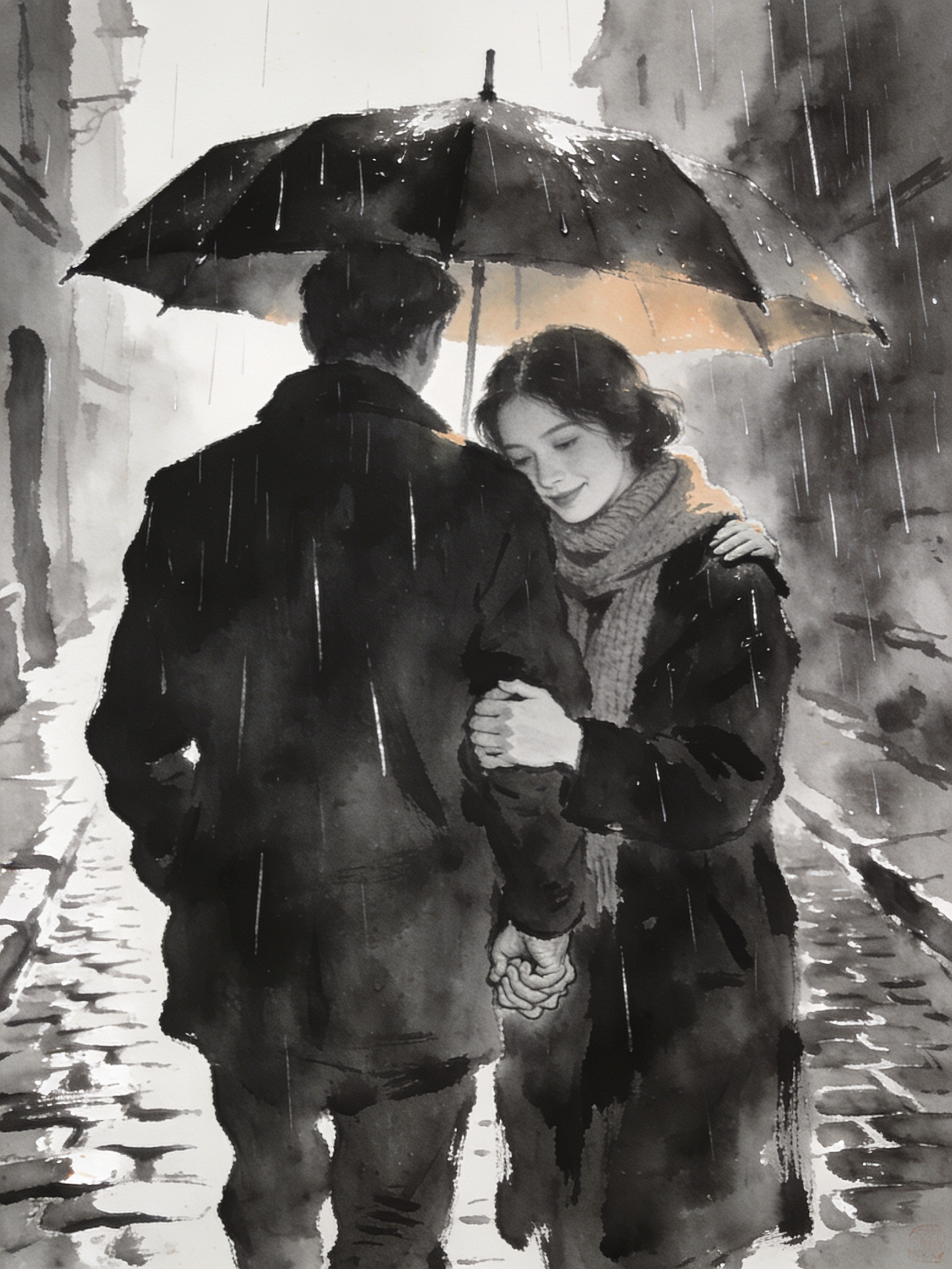 Watercolor illustration of a romantic couple sharing an umbrella while walking down a rainy cobblestone old town street