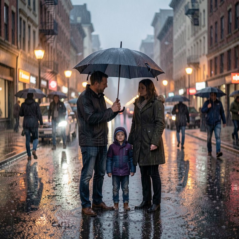 Young family of three standing under a shared black umbrella on a rain-soaked downtown city stree...