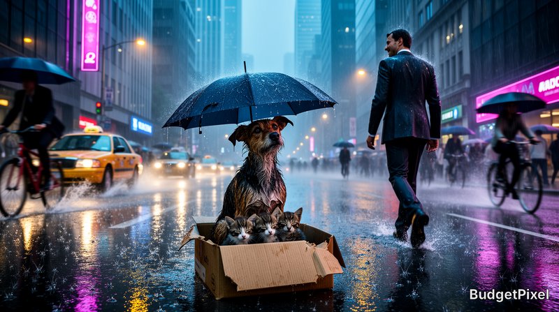 Wet stray dog shelters three tiny tabby kittens under an umbrella, sitting in a cardboard box on ...