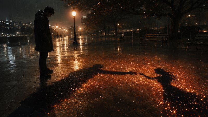 Lone man standing in rainy night park, his outstretched shadow reaching for a glowing ethereal fe...