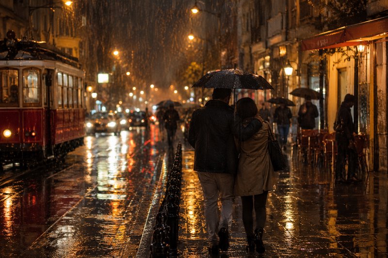 Back view of romantic couple walking under shared umbrella on rain-soaked city sidewalk at night ...
