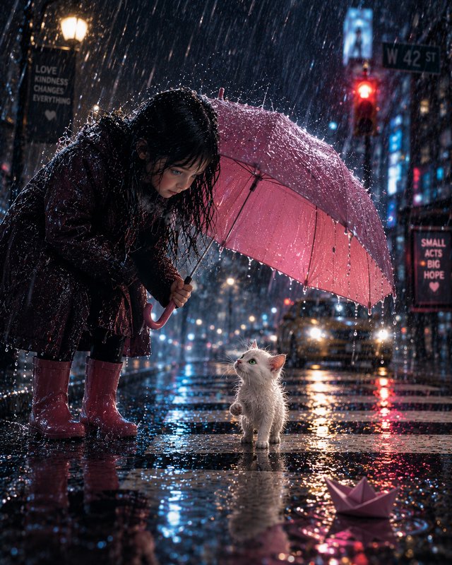 Young girl holding a pink umbrella shelters a tiny wet white kitten on a rainy NYC crosswalk at n...