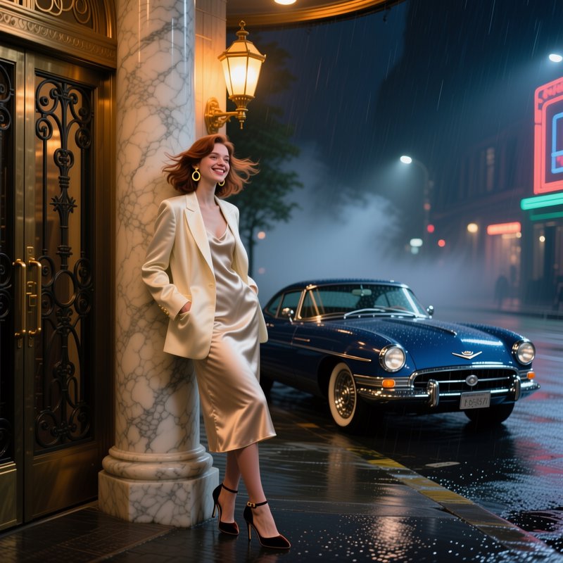 Smiling red-haired woman in elegant cream evening wear leans on a marble entry column beside a vi...