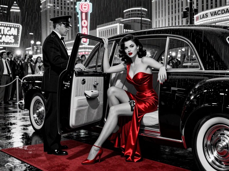 Glamorous woman in red satin gown exits vintage limo on rainy red carpet, selective color noir sc...